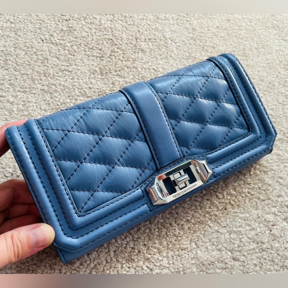 Rebecca Minkoff Mini Love Crossbody Quilted Blue Leather Clutch Wallet Bag Purse
